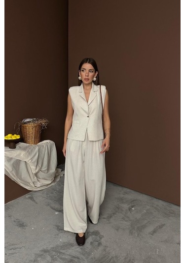 Sensuelle Bej Keten Yelek Pantolon Takım Bej