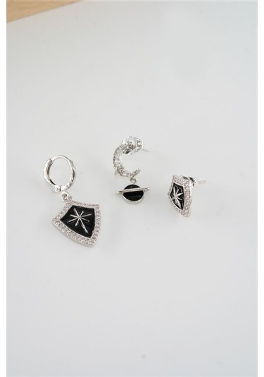 Kadın Vip Seri Antialerjik Baget Zirkon Taşlı 3'lü Küpe-5433 Gümüş