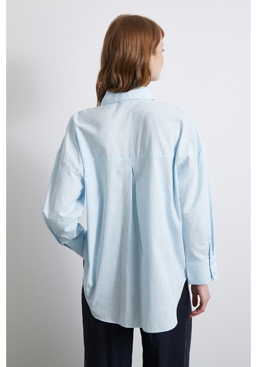 Keten Karışımlı Oversize Gömlek Mavi Mavi