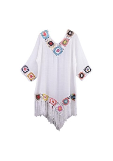 Beyaz Bikini Cover Up Hollow Out Tığ İşi Patchwork Yaz Gevşek Oturan Güneş Koruma Mayo Tunik Plaj İçin Beyaz