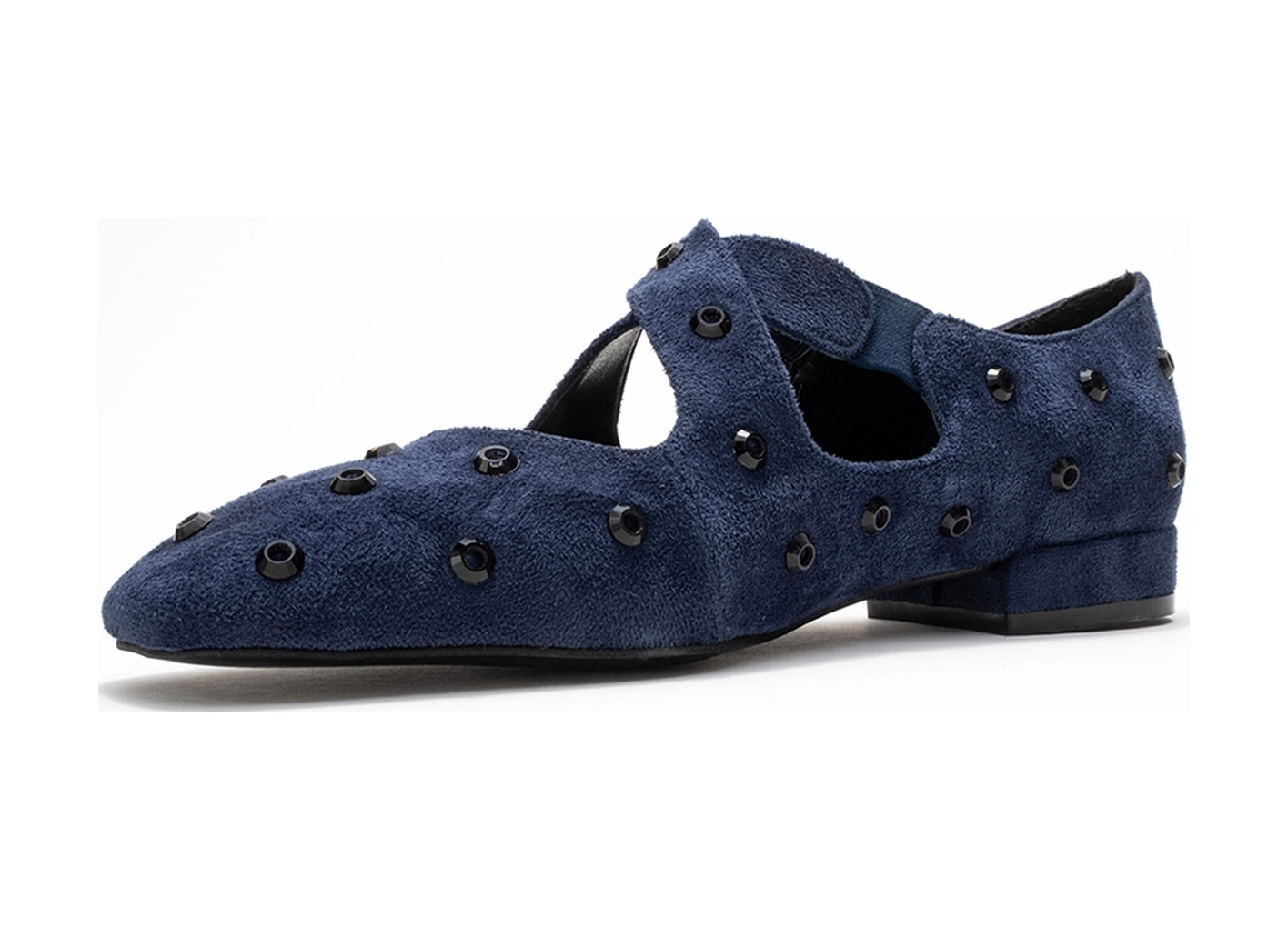 Addıson Lacivert Süet Taşlı Çapraz Bantlı Kadın Babet Ayakkabı Lacivert