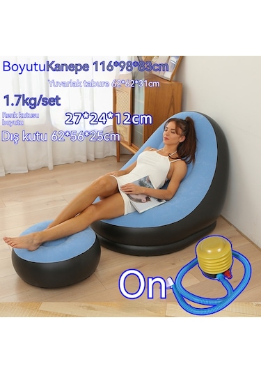 Ikkb Pedal İle Şişme Tembel Koltuk İki Parça Taşınabilir Dış Mekan Mobilyaları Ayak Pompalı Açık Mavi Açık Mavi