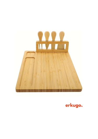 5 Parça Bambu Peynir Sunum Tahtası Ve Çatal - Spatula -mini Spatula - Bıçak Seti, Peynir Kesim Panosu, Sunum Seti Bambu