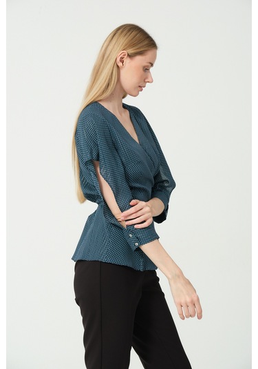V Yaka Bağcıklı Kol Detaylı Bluz Petrol Mavi