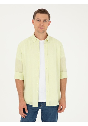 Cacharel Yeşil Slim Fit Keten Karışımlı Gömlek