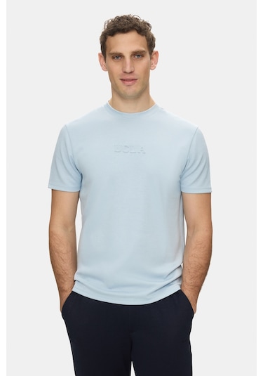 Ucla Canary Gök Mavi Bisiklet Yaka Gofre Baskılı Yumuşak Dokulu Modal Kumaş Standard Fit Erkek Tshirt Gök Mavisi