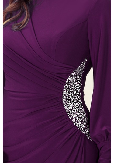 Taş Detaylı Lavinni Tesettür Abiye Elbise Mürdüm