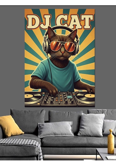 Kulaklıklı Dj Kedi Çocuk Dekoratif Kanvas - Mdf Ahşap Tablo