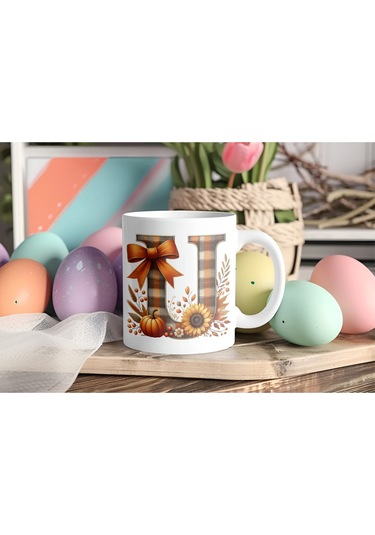 U Harfi Ekose Ve Sonbahar Temalı Kupa Bardak - Kişiye Özel Sıcak Tonlar Alfabe Kupa - Hediye Beyaz