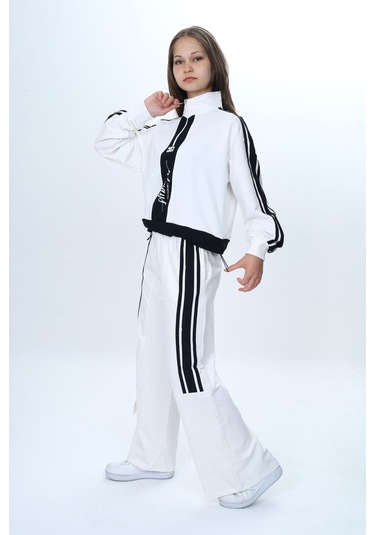 Kız Çocuk 2 İplik Yarım Fermuarlı Garnili Eşofman Takımı %100 Pamuk Rahat Kalıp-325 Ekru