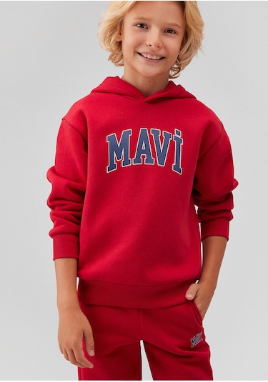 Mavi - Mavi Logo Baskılı Kırmızı Kapüşonlu Sweatshirt 6610110-704 Kırmızı