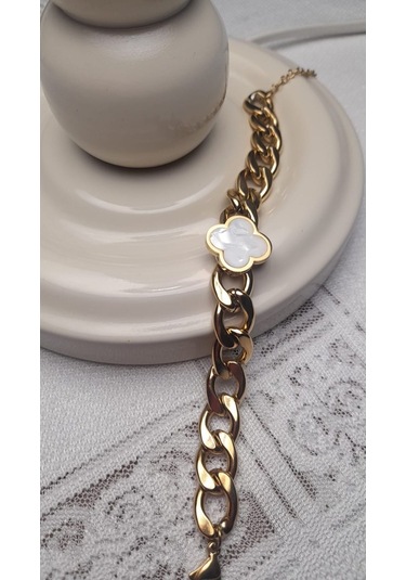 Uzel Çelik Gold Altın Renk Beyaz Sedef Yoncalı Kalın Halka Detaylı Çelik Bileklik Gold