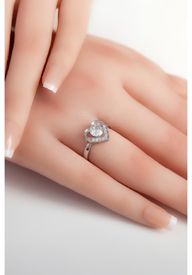 Rodyumlu 925 Ayar Gümüş Kalpli Bayan Yüzük -7974