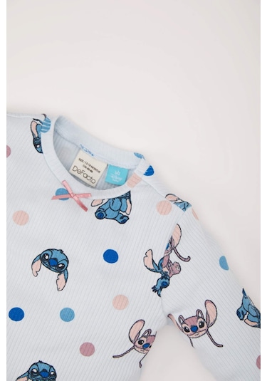 DeFacto Kız Bebek Pijama Takımı Disney Lilo & Stitch Bisiklet Yaka Uzun Kollu Fitilli Kaşkorse Üst Beli Lastikli Uzun Alt D5373A524WNBE61 Mavi