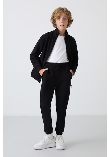 Tommy Life Siyah Pamuklu Kalın İçi Tüylü Yumuşak Dokulu Standart Fit Nakışlı Erkek Çocuk Eşofman Takım - 11240 Siyah