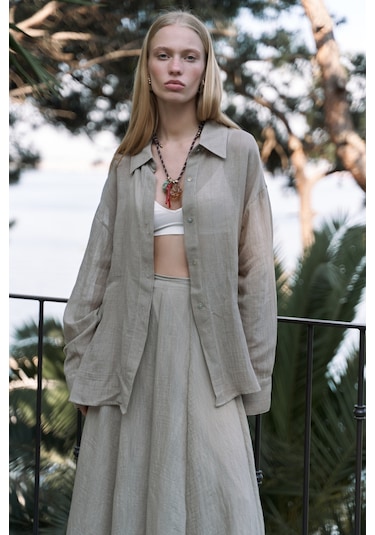 Calynn Sırt Dekolteli Çizgili Haki Keten Gömlek Haki