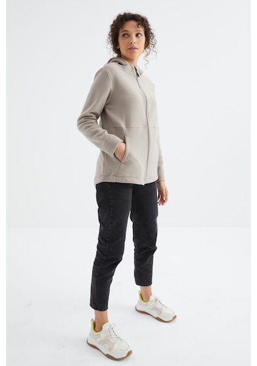 Tommy Life Koyu Bej Kapüşonlu Fermuarlı Rahat Form Kadın Polar Sweatshirt - 97233 Koyu Bej