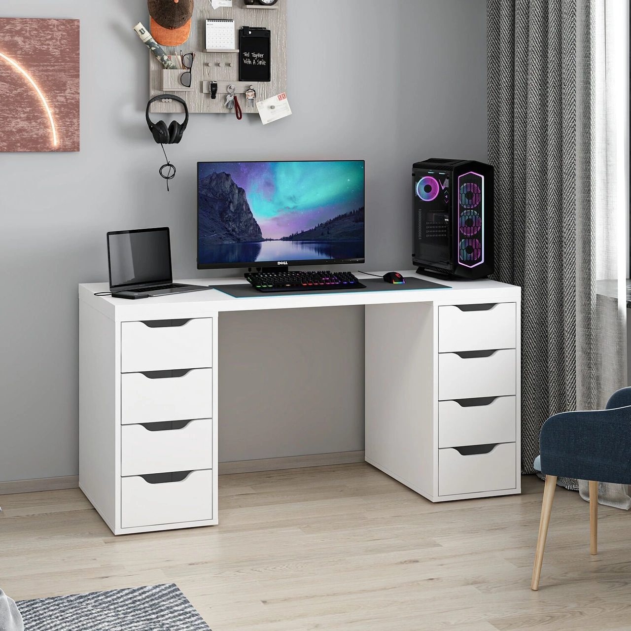 Alen 150 Cm 8 Çekmeceli Çalışma & Oyuncu Masası - Beyaz Beyaz