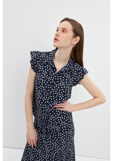 Stella Pulvis Lacivert Kolu Volanlı Gömlek Lacivert