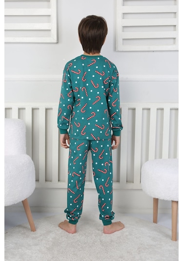 Zuzunga Yılbaşı Temalı Baston Şeker Desenli %100 Pamuk Unisex Pijama Takımı Yeşil1 Yeşil