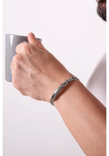 Gümüş 925 Ayar Desenli Kelepçe Bileklik - Silver