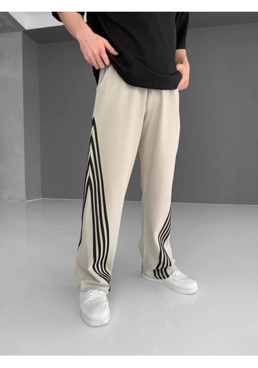 İki İplik Kumaş Şeritli Alt Esofman - Bej Siyah