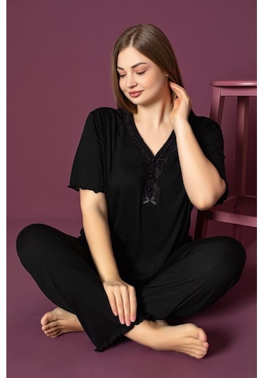 Büyük Beden Kısa Kollu V Yaka Kadın Pijama Takımı Lacivertlukitus Lacivert