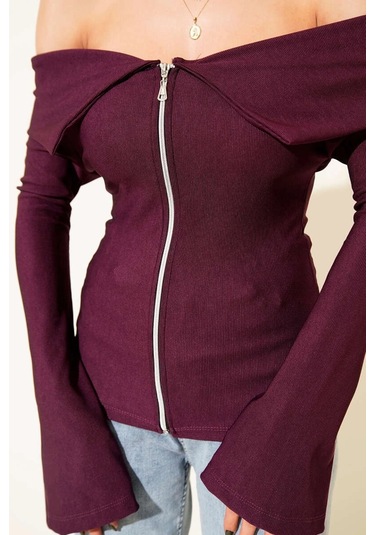 Omzu Açık Fermuarlı Bluz Mürdüm T4330 Mürdüm