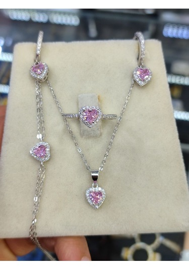 925 Ayar Gümüş Pembe Kalpli 4 'lü Gümüş Set, Kolye, Küpe, Yüzük V
