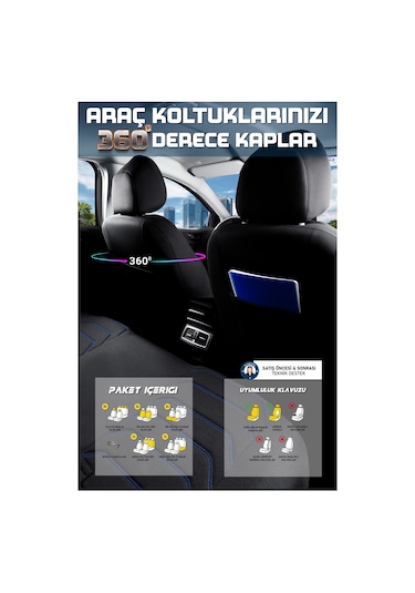 Tofaş Kartal L Uyumlu Lüx Deri Detaylı Oto Koltuk Kılıfı Ön Arka Takım Carbon Siyah Mavi
