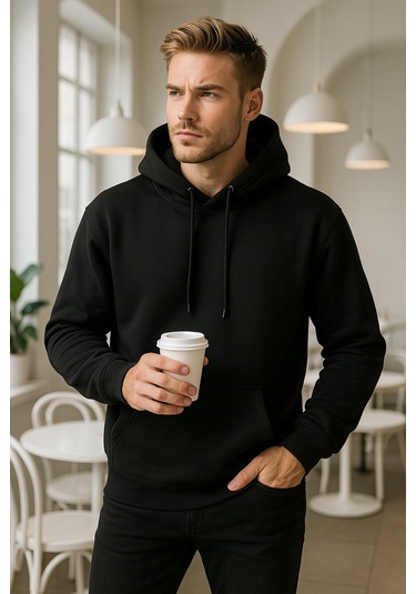 Rich Erkek Siyah Pamuklu Cep Detaylı Kapüşonlu Sweatshirt Siyah