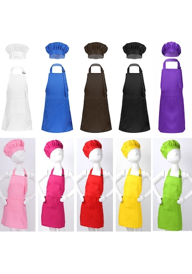 Siyah Çocuk Mutfak Yemek Pişirme Ve Pişirme Giyim Önlük Ve Cepli Şef Şapka Seti Çocuk Aşçı Kostümü L
