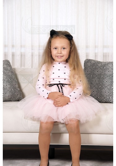 Puantiyeli Kız Çocuk Uzun Kollu Doğum Günü Ve Özel Günler İçin Tüllü Elbise Pembe