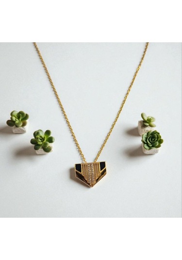 Unisex Siyah Mineli Zirkon Taşlı Daphne Çelik Kolye 9123 Altın