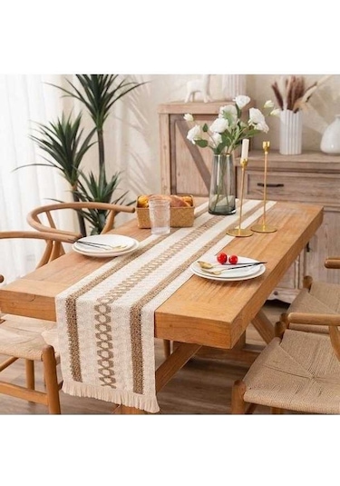 Fastbuy Keten Ve Pamuk Dokuma Çizgili Masa Runner, 30x180cm, 2 Kenevir + Elmas Kafes, Çok Renkli Çok Renkli