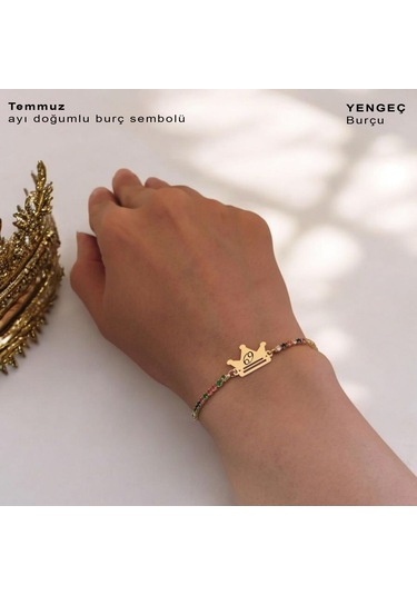 Temmuz Ayı Doğumlarına Taç Motifli 14 Ayar Altın Plakalı Renkli Taş Desenli Hediye Bileklik-489ay Temmuz