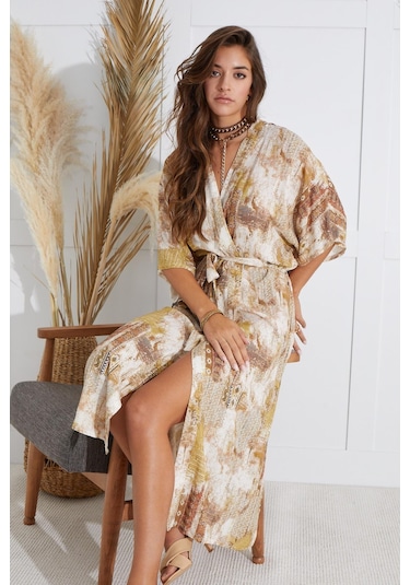 Sevim Kadın Kısa Kol Uzun Bej Kimono C9t5n651 001