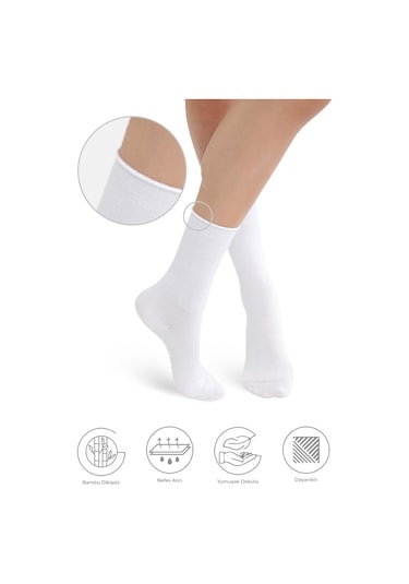 Bambu Kadın Lastiksiz Beyaz Soket Dikişsiz Premium Çorap 3'lü Pkt Beyaz