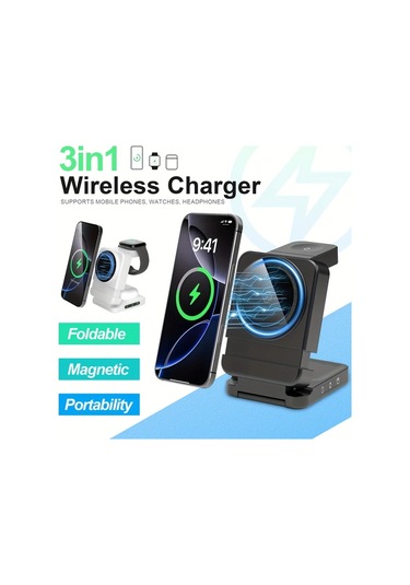 Topshop1 Katlanabilir Kablosuz Sarj Cihazi 3u 1 Arada Cok Fonksiyonlu Hizli Siyah Telefon Sarj Aleti