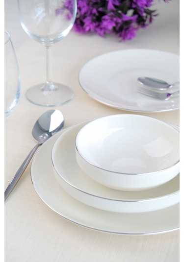Tabak Evi Sofia Platin Porselen Yemek Takımı 24 Parça 6 Kişilik Beyaz - Gümüş