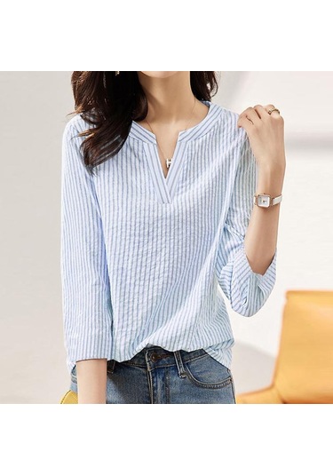 Zanzea Yaz Günlük V Yaka 3/4 Kollu Kadın Çizgili Bluz Açık Mavi