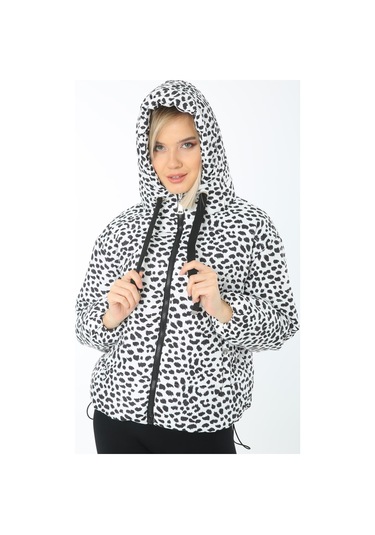 Ladıes Fırst 6001-D02 Beyaz Siyah Desenli Şişme Mont Kapüşonlu