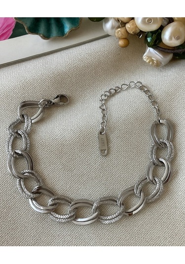 Gümüş Renk Samanyolu Zincir Çelik Bileklik- Çelik Gümüş Rengi Trend Kalın Zincir Bileklik- Gümüş