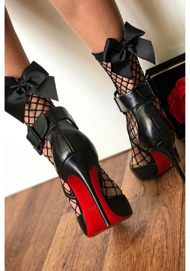 Heleni Kadın File Desenli Siyah Fiyonklu Siyah Soket Çorap Siyah