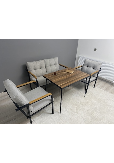 Modern Güneş Balkon, Bahçe, Cafe - Metal Kanepe Koltuk Takımı - 2+1+1 + Masa Açık Gri Modernsh28 Açık Gri