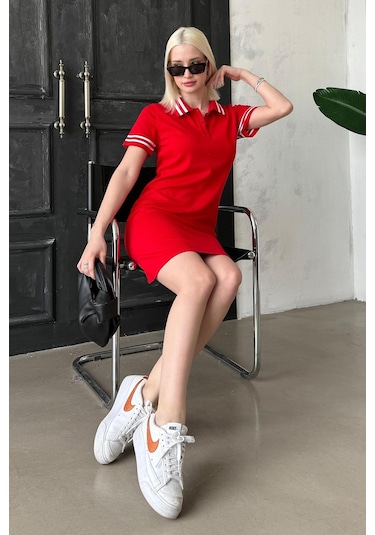 Madmext Kırmızı Polo Yaka Şerit Detaylı Kadın Elbise Mg2344