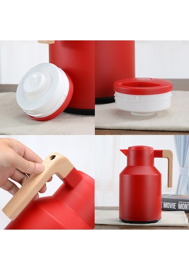 Monyee 1l Evcil Cam Fıçıklı Isı Saklama Potu - Çift Katlı Vakumlu, Isı/sıcaklık Koruyucu, Ahşap Saplı Kahve/su Potu Siyah Siyah