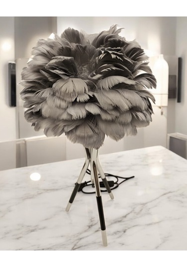 Tüylü Dekoratif Tripotlu 3'lü Ayaklı Abajur - Gri Gri