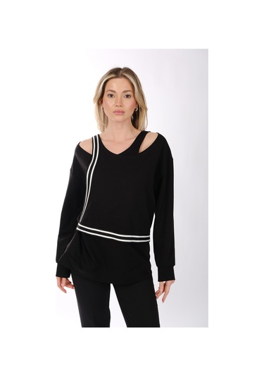 Ysatis Minimalist Oversize V Yaka Uzun Kol Kadın Bluz - Günlük & Özel Gün Siyah