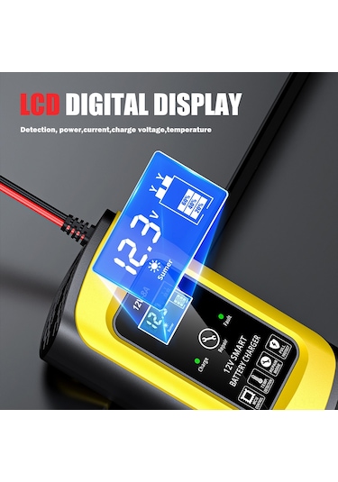 Ranyeek 12v Akıllı Akü Şarj Cihazı - Zayıf Akü Aktivasyonu, Sıcaklık Algılama, Lcd Ekranlı, Geniş Uyumlu 4-140ah - Sarı, Avrupa Standartı 100-240v